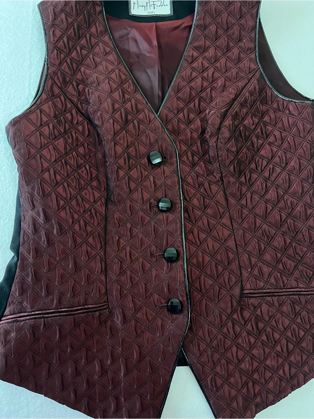 Vintage Mary McFadden Quilted Burgundy Vest Black Tie Formal Suit - Picture 6 of 15